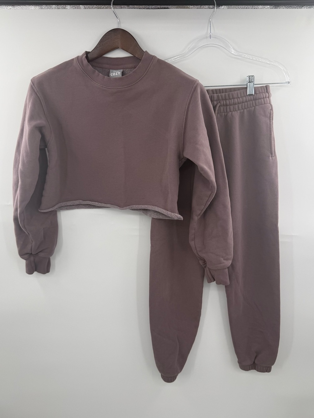 Aritzia TNA Cozy Fleece Perfect Matching Set XS Cropped Sweatshirt Joggers Mauve